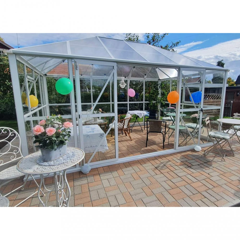 Gazebo 12,9m2  5 års stormgaranti  Stort premiumväxthus  Vit  Yta: 13m2 (4,36 x 2,95 meter)