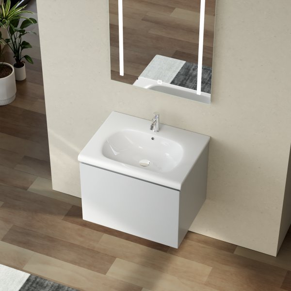 Badrumspaket 60 cm  Kommod & keramiskt tvttstll med LED-spegel | Dimbar belysning