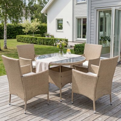 Matgrupp med 4 platser | Bord Ø100 cm & 4 stolar med dynor | Tylösand Beige