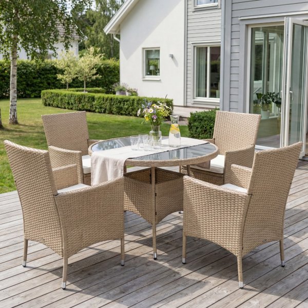 Rund matgrupp | Bord �100 cm & 4 stolar med dynor | Tyl�sand � Beige