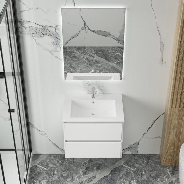 Badrumspaket 60 cm  Vgghngd Kommod med LED-spegel | Keramiskt Tvttstll | Mjukstngande Ldor