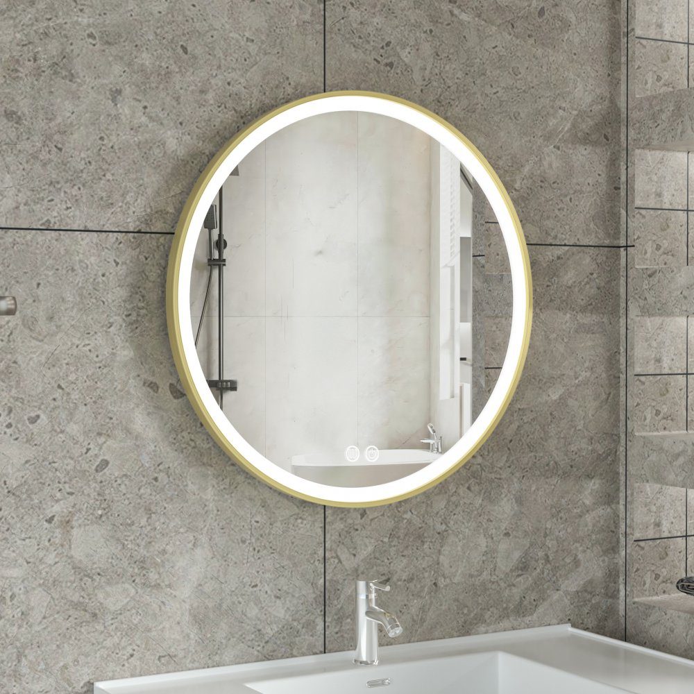 Stilren LED-spegel | 60x60 cm | Guldaluminiumram | Anti-fog & touch-styrning | Elegant tunnel-spegel med guldfärgad aluminiumram