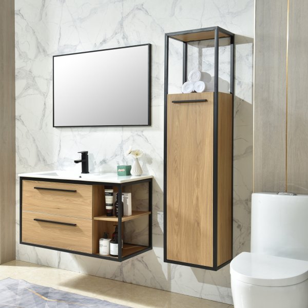 Industria Badrumspaket 90 cm – Kommod, keramiskt tvättställ, spegel & sidoskåp | Trä/Svart Industria Badrumspaket 90 cm – Kommod, keramiskt tvättställ, spegel & sidoskåp | Trä/Svart