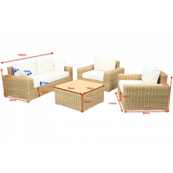 Loungegrupp i rotting | Soffa, f�t�ljer & bord | Dynor ing�r | Solena premium