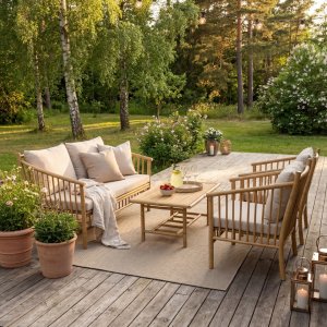 Bambu loungegrupp utomhus | Soffa, 2 fåtöljer & bord i naturmaterial Bambu loungegrupp utomhus | Soffa, 2 fåtöljer & bord i naturmaterial