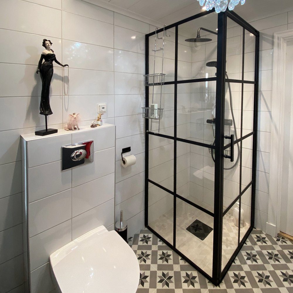 Duschhörna 80x80x200cm | 6mm säkerhetsglas | Svarta profiler | Duschhörna med raka dörrar