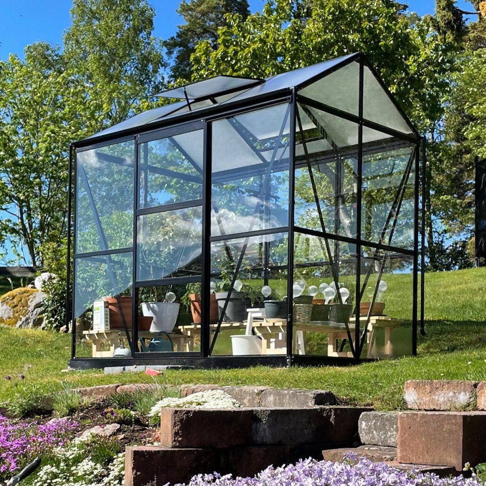 Växthus med adaptiv dörrplacering 3,5m2 | 4mm säkerhetsglas | Svart | Växthus i mindre format med valfri dörrplacering