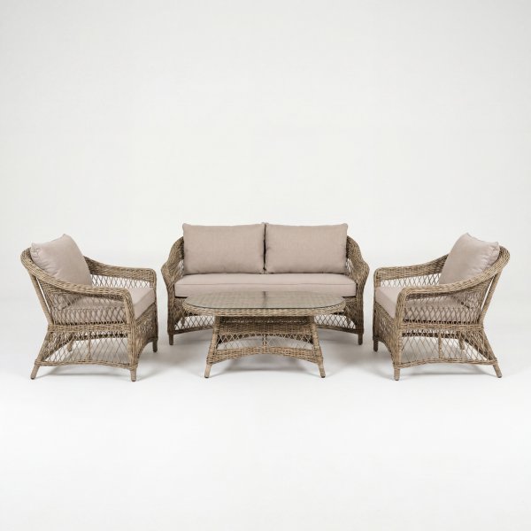 Loungegrupp i naturf�rgad konstrotting | 4-delad med soffa, f�t�ljer & bord | �ngs�