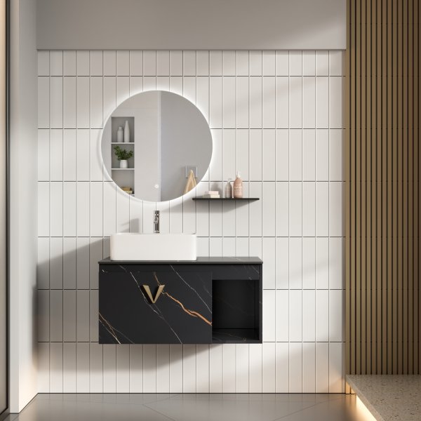 Luxe Badrumspaket 80 cm  Skifferbnkskiva, keramiskt tvttstll & LED-spegel | Mjukstngning