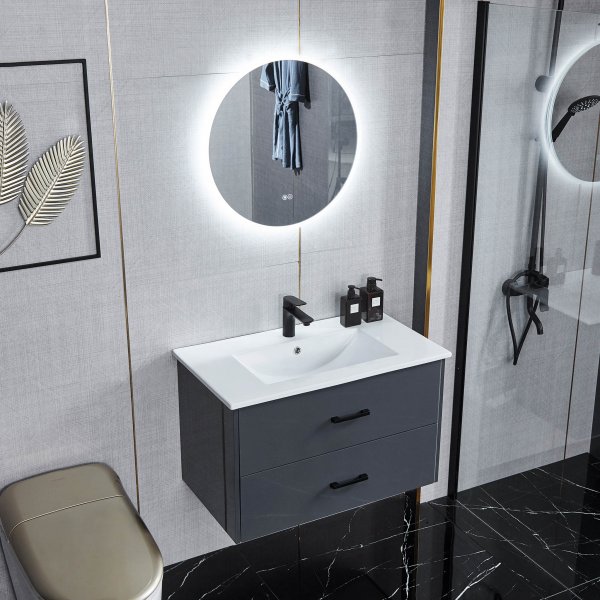 Kommod 80cm | Rund LED-spegel med dimmer | Svart blandare Kommod 80cm | Rund LED-spegel med dimmer | Svart blandare