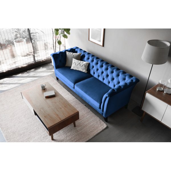 Chesterfieldsoffa 3-sits | Bl� sammet, kallskum & avtagbar kl�dsel | Milton