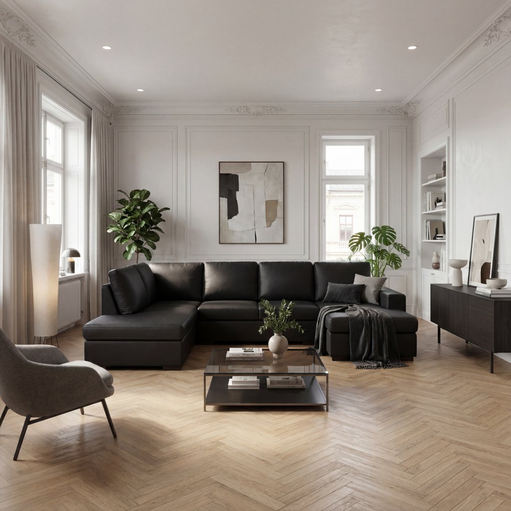 U-soffa | Divan, öppet avslut & kallskum | Solna Grå/Svart PU