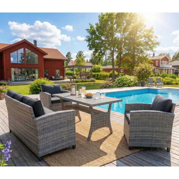 Loungegrupp med soffa, 2 f�t�ljer & bord i gr�tt | Arholma