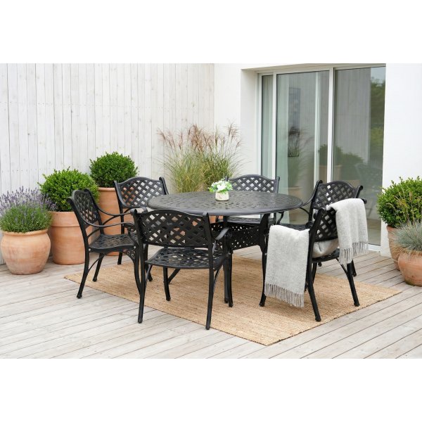 Rund matgrupp i aluminium f�r utomhusbruk | �130 cm | 6 stolar | Svart