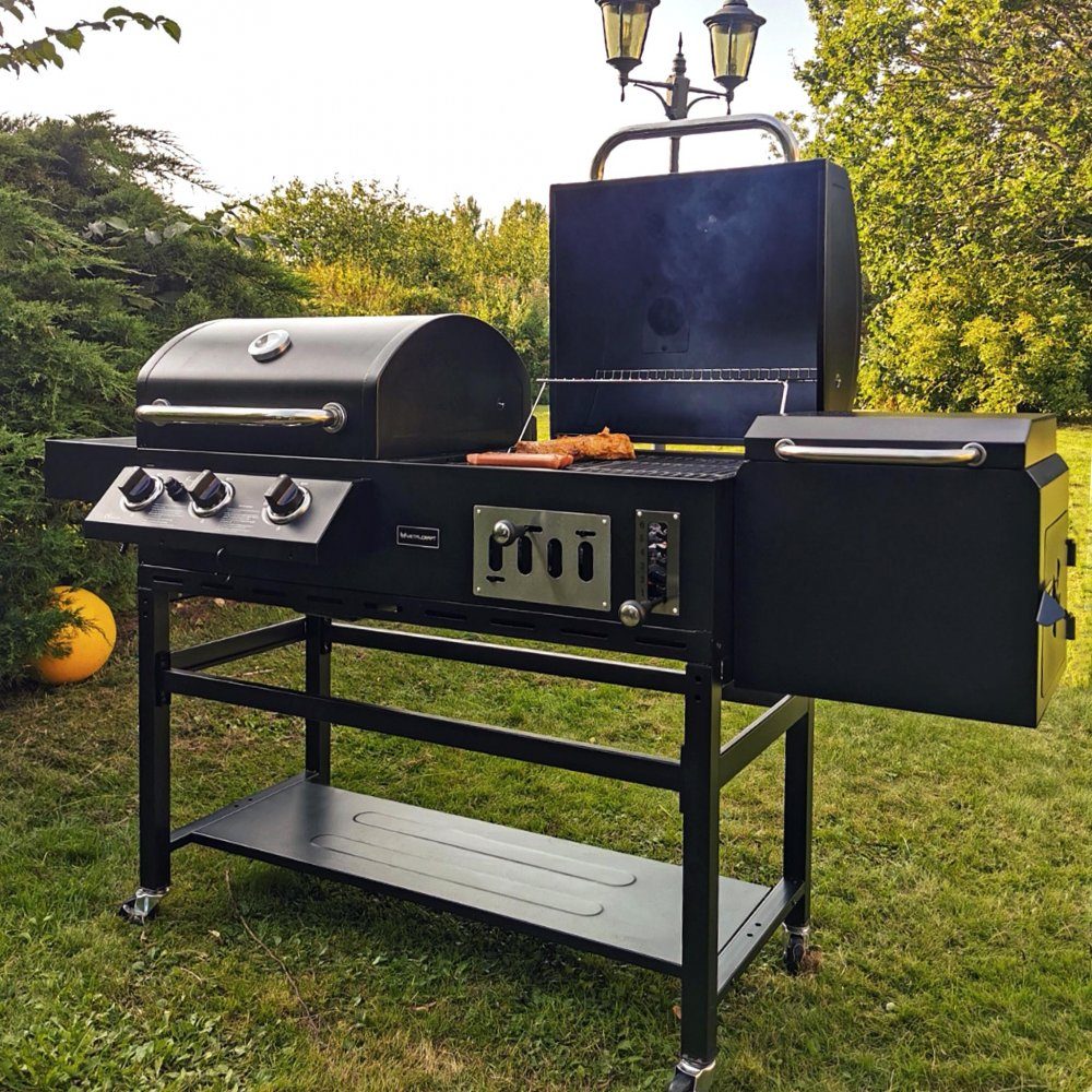 Kombinerad kol- & gasolgrill med rök | Cleaveland | Svart | 3 rostfria huvudbrännare