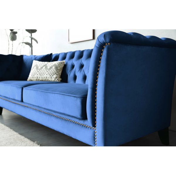 Chesterfieldsoffa 3-sits | Bl� sammet, kallskum & avtagbar kl�dsel | Milton