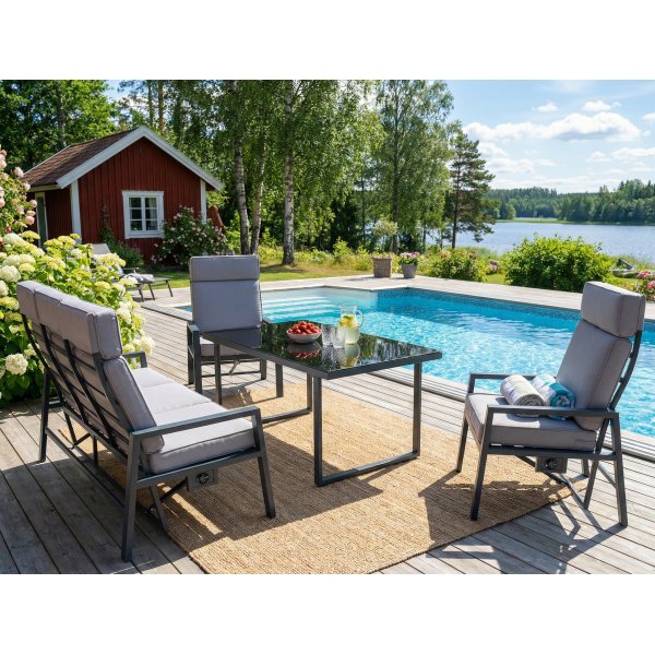 Loungegrupp i aluminium med recliner � Soffa, 2 stolar & bord | Apelviken
