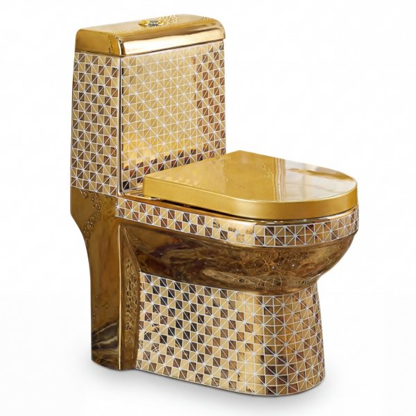 Guldtoalett med vitt m�nster | S-l�s 300 mm | Lyxig WC