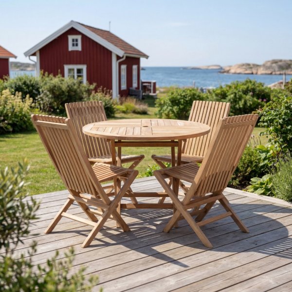 Runt utebord i premiumteak | 4 stolar | Lyfco Smögen Runt utebord i premiumteak | 4 stolar | Lyfco Smögen