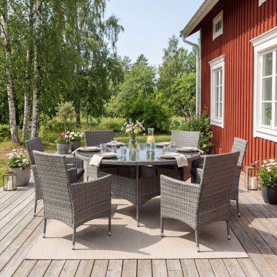 Matgrupp med 6 platser | Runt bord Ø135 cm & 6 stolar med dynor | Tylösand Grå