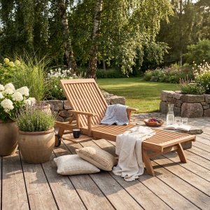 Solstol i teak | Ställbar rygg, hjul & utfällbart sidobord | Saltö Solstol i teak | Ställbar rygg, hjul & utfällbart sidobord | Saltö