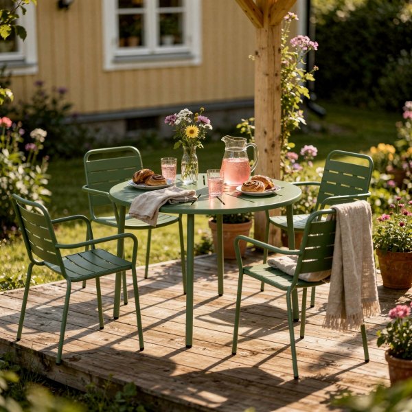 Matgrupp Ute | Runt Bord Ø110 cm | Stål | Olivgrön | 4 Stolar Matgrupp Ute | Runt Bord Ø110 cm | Stål | Olivgrön | 4 Stolar