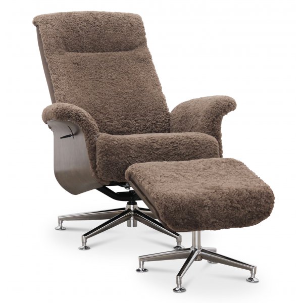 Ulla reclinerf�t�lj med fotpall | �kta mullvadsf�rgat f�rskinn, oljad ek och kromad metall