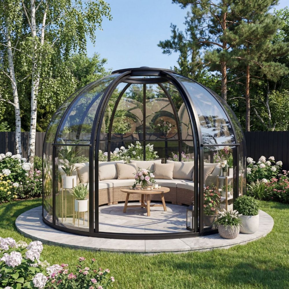 runt växthus 13,2 m²  exklusivt uterum  svart aluminium & kristallklara polykarbonatpaneler