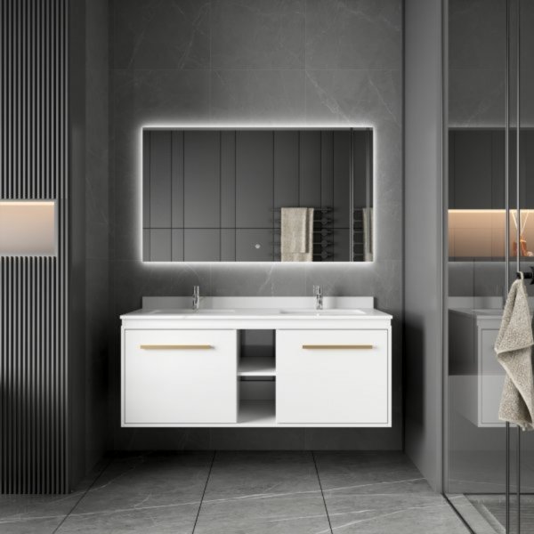 Badrumspaket 120 cm � Kommod med dubbla keramiska tv�ttst�ll & LED-spegel | Mjukst�ngning