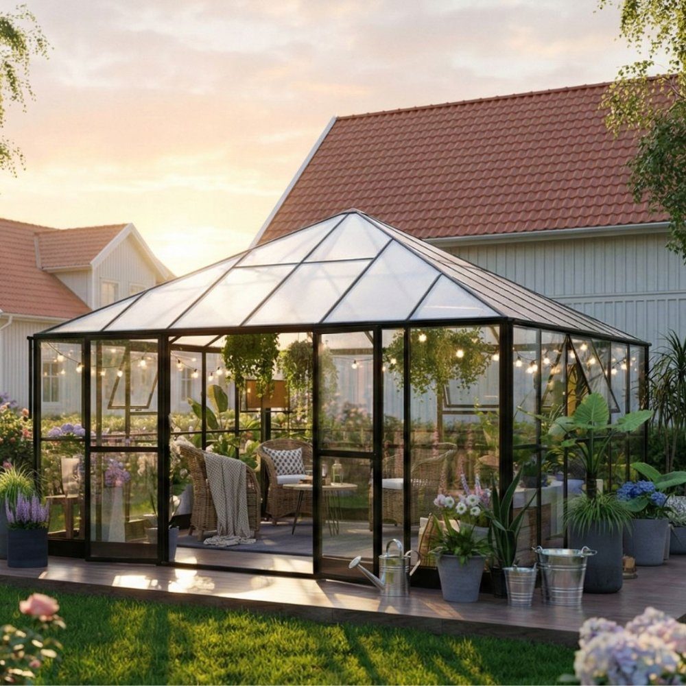 Gazebo 17,6m2 | Stort premiumväxthus- Stormgaranti | 4 mm säkerhetsglas | Yta: 17,6 m2 (421 x 421 cm)