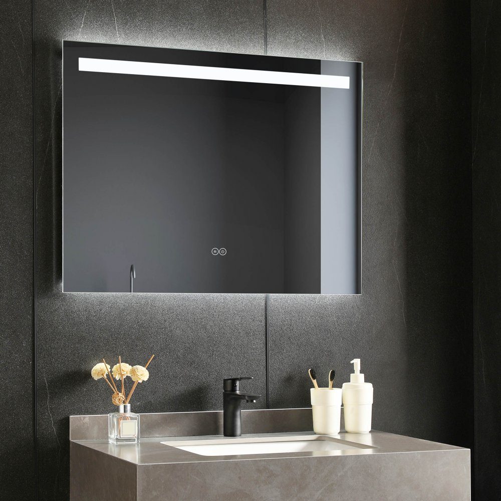 Badrumsspegel 90x70cm | LED-belysning & anti-fog-funktion | LED-belysning direkt i spegeln