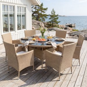 Matgrupp 6 platser | Runt bord �135 cm & stolar med dynor | Tyl�sand