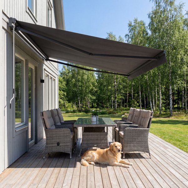 Terrassmarkis halvkassett 4x3 m | Motor & fj�rrkontroll | M�rkgr�