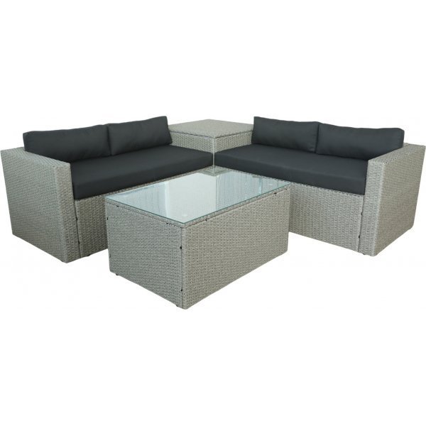 Loungegrupp med dynbox & f�rvaring | Gr� konstrotting | Bord med glasskiva | Orlando