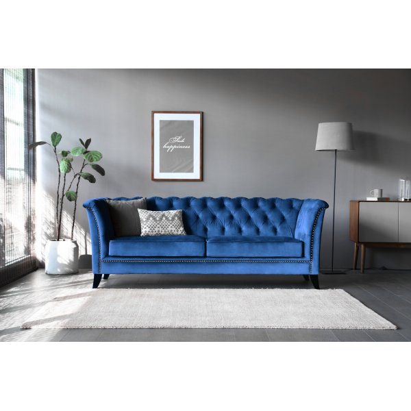Chesterfieldsoffa 3-sits | Bl� sammet, kallskum & avtagbar kl�dsel | Milton