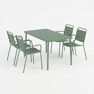 Matgrupp Ute i Olivgr�nt St�l � Fyrkantigt Bord & Armstolar � 140x80 cm
