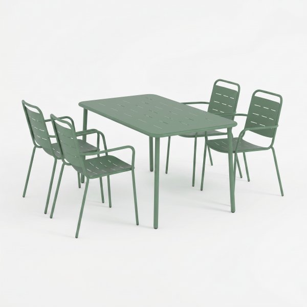 Matgrupp Ute i Olivgr�nt St�l � Fyrkantigt Bord & Armstolar � 140x80 cm