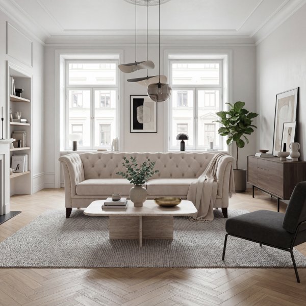 Chesterfieldsoffa 3-sits | Beige sammet, kallskum & avtagbar kl�dsel | Milton