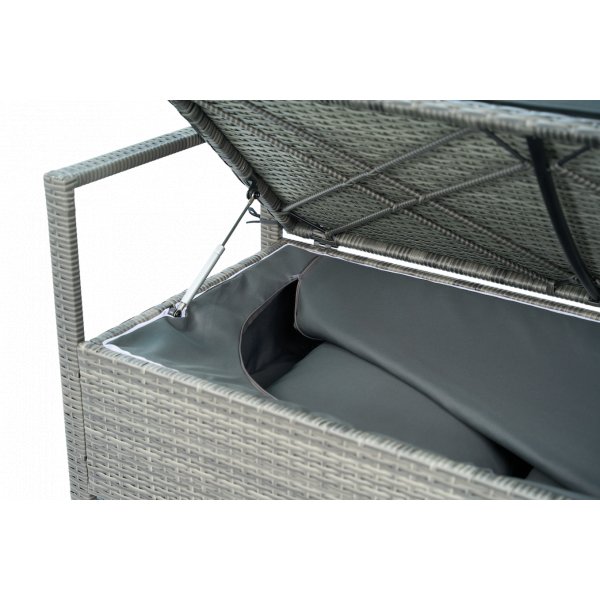 B�nk med dynf�rvaring 129 cm | Gr� konstrotting | Dynor ing�r | Boxvik