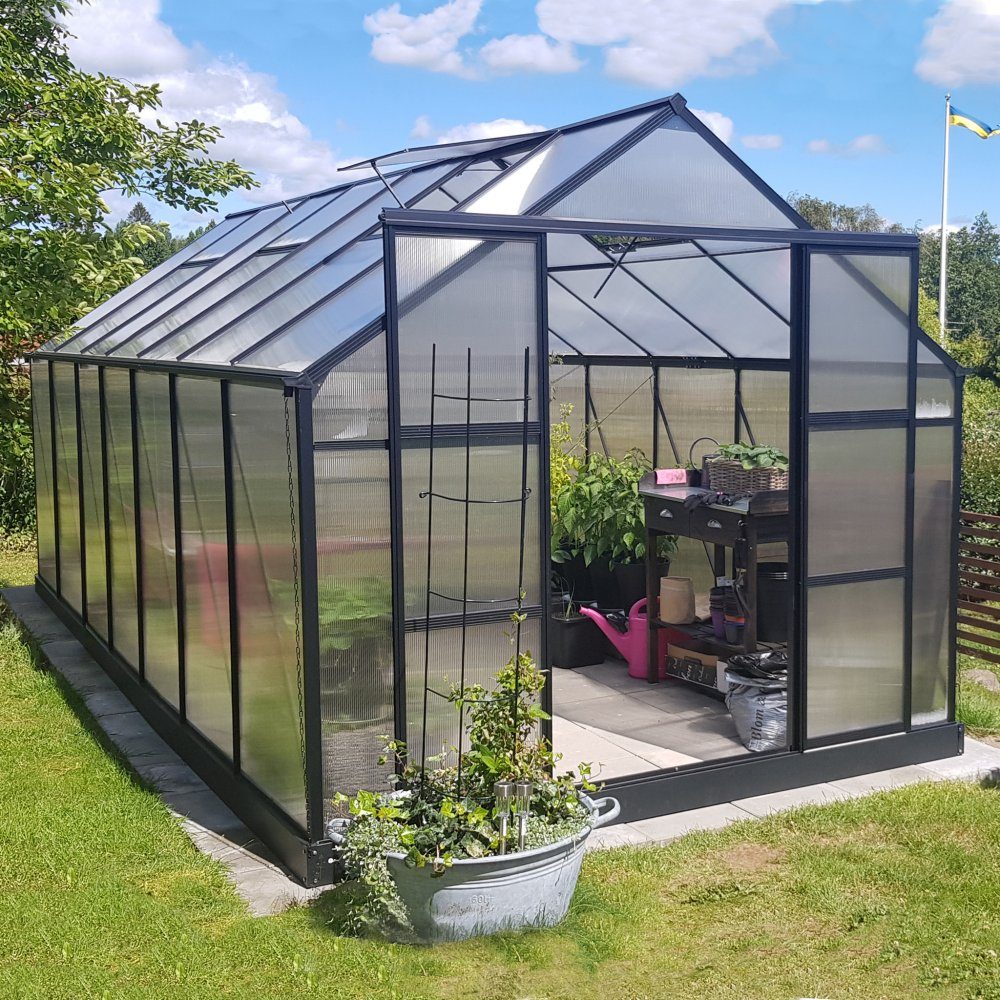 Växthus 12,4m2  6mm Kanalplast  Hög odlingshöjd  Svart  Yta 12,4m2