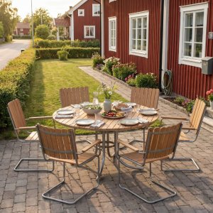 Rund matgrupp utomhus 6 stolar | Stolar i metall | Ø135 cm – Glänta Rund matgrupp utomhus 6 stolar | Stolar i metall | Ø135 cm – Glänta