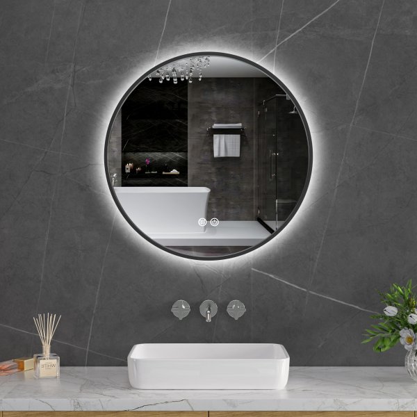 Rund badrumsspegel 60 cm | Svart ram | LED-belysning | Anti-fog & touch-styrning Rund badrumsspegel 60 cm | Svart ram | LED-belysning | Anti-fog & touch-styrning