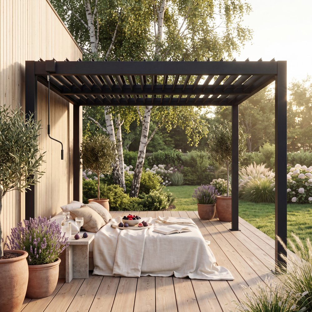 Pergola 3x3 m med lamelltak, grå stålpergola